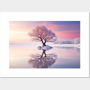 Tree In Calm Lake Serene Landscape Posters and Art